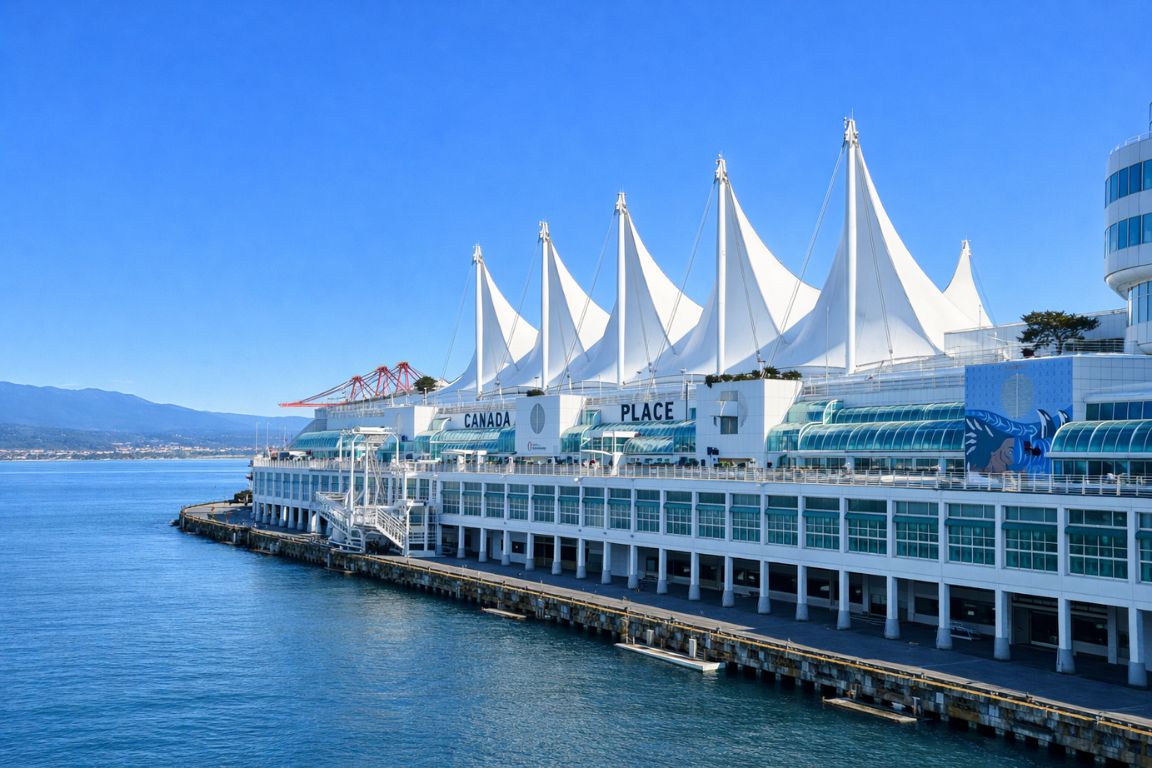 Canada Place convention center and cruise ship terminal along Vancouver harbor explored with Vancouver Canada Tours
