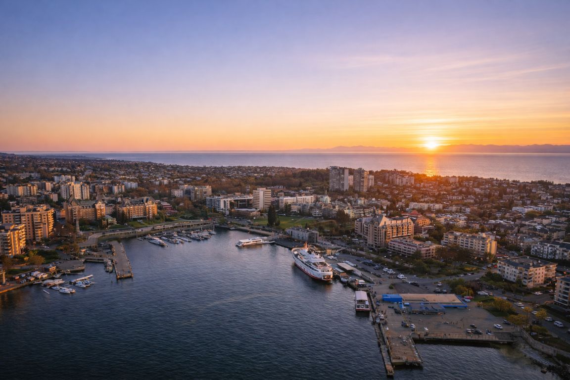 Beautiful sunset over Inner Harbour waterfront and marina seen during a Vancouver Canada Tours excursion