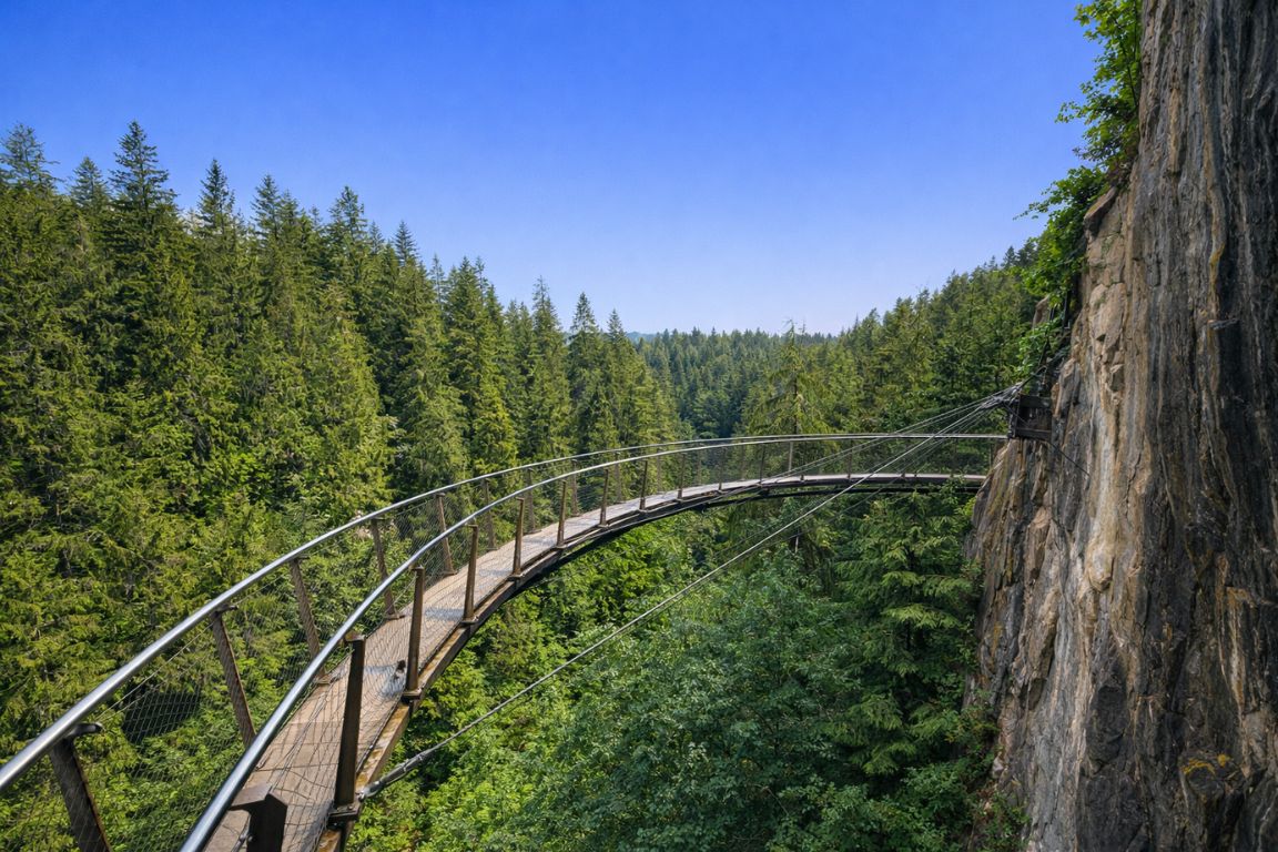 Capilano Suspension Bridge Park cliffside walkway surrounded by dense forest visited during a guided tour with Vancouver Canada Tours