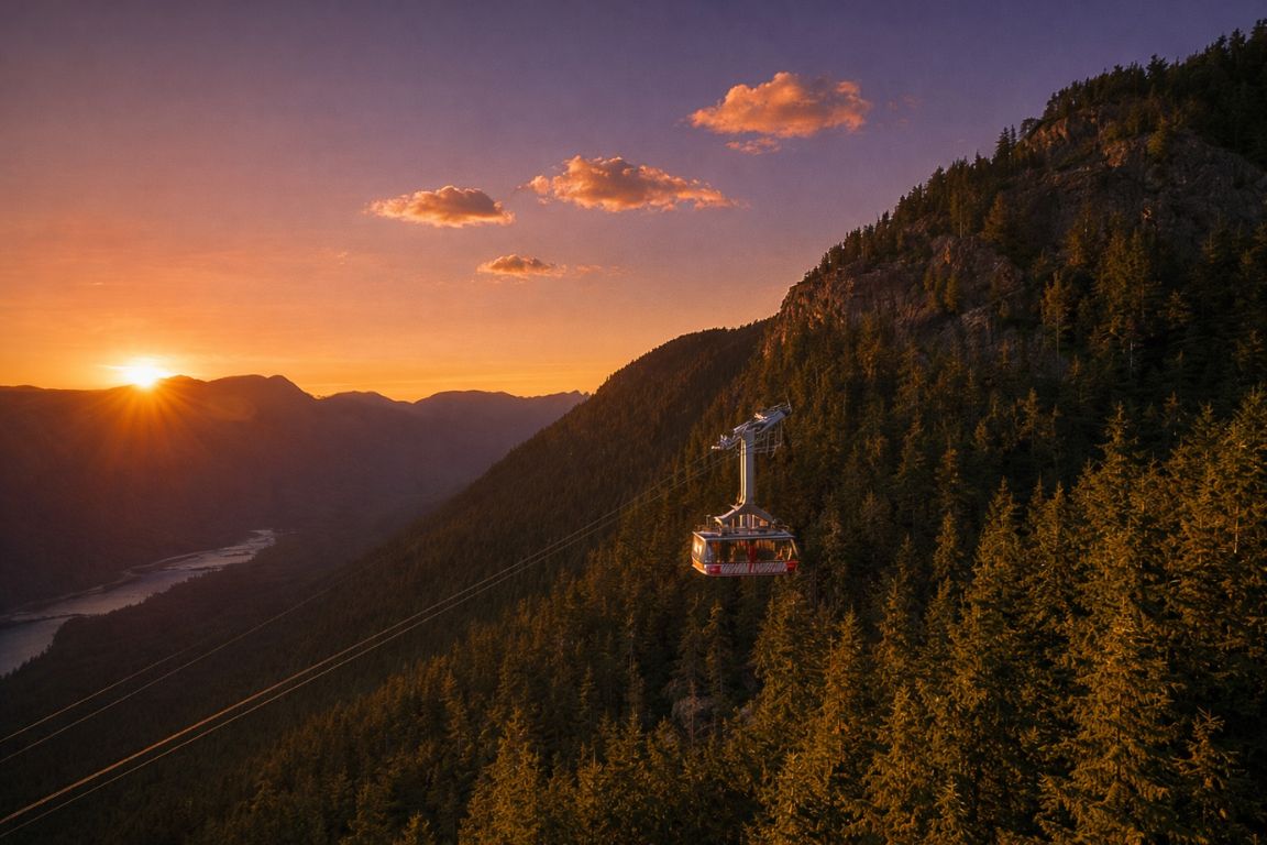 Scenic sunset view of Grouse Mountain gondola and coastal mountains experienced with Vancouver Canada Tours