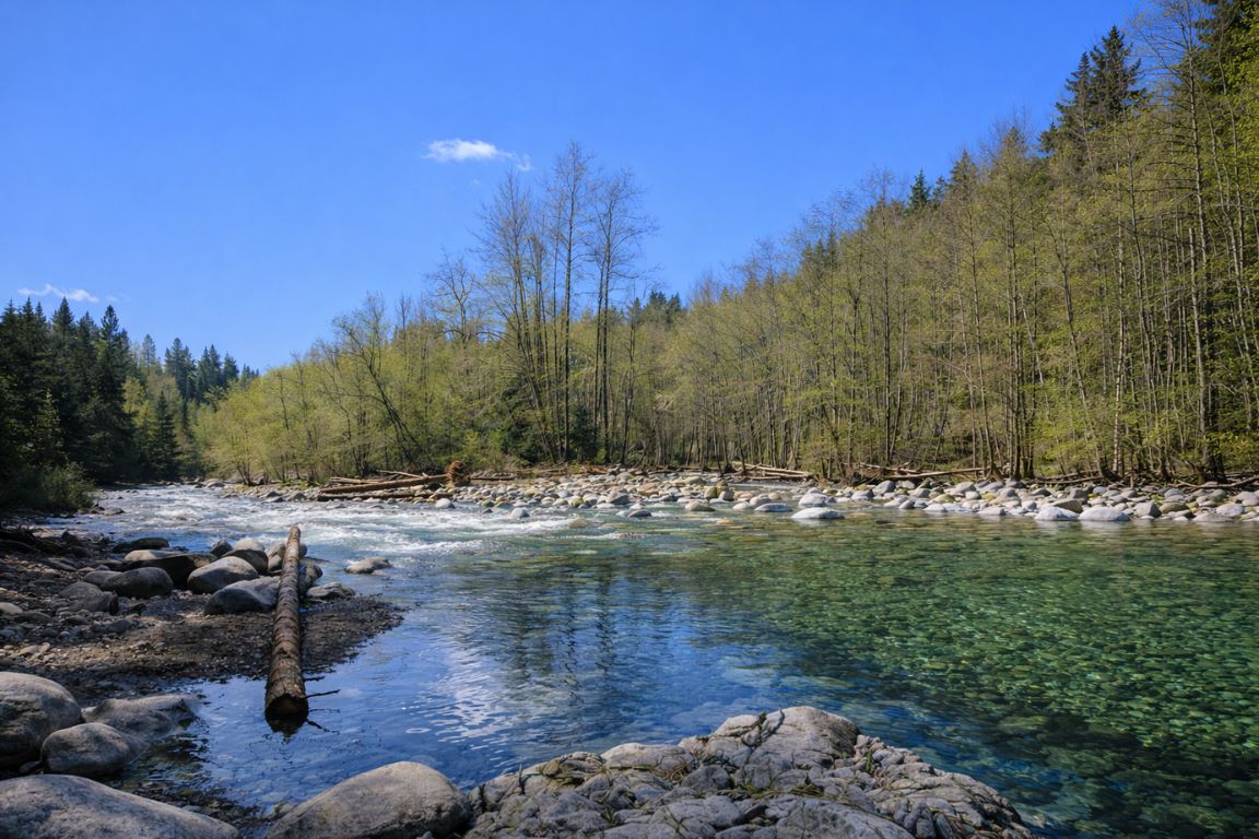 Scenic view of Lynn Canyon Park river and rocky shoreline in North Vancouver explored with Vancouver Canada Tours