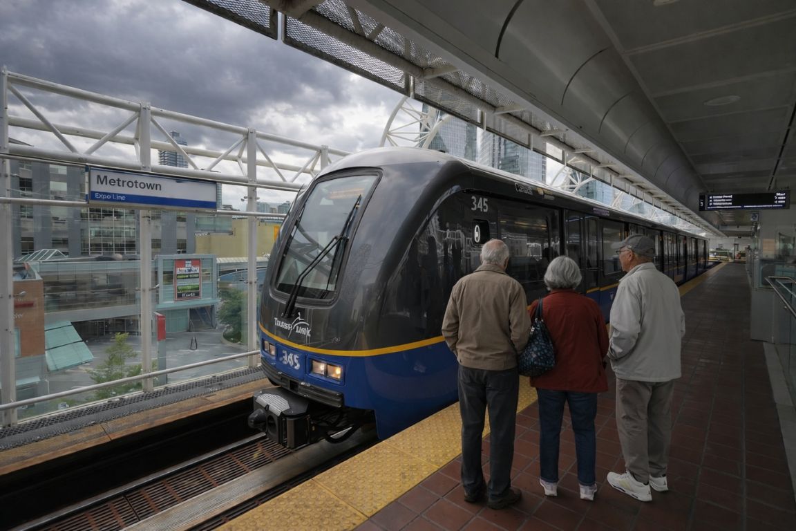 Vancouver SkyTrain arriving at Metrotown Expo Line station during a Vancouver Canada Tours sightseeing trip