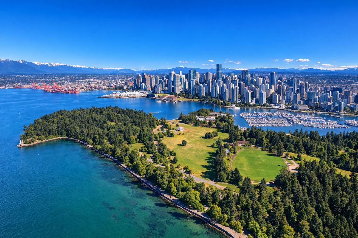 Aerial view of Stanley Park and Vancouver skyline with marina and mountains during a Vancouver Canada Tours guided tour