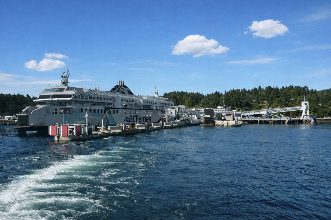 Swartz Bay ferry terminal with BC Ferries vessel connecting Vancouver and Victoria visited with Vancouver Canada Tours